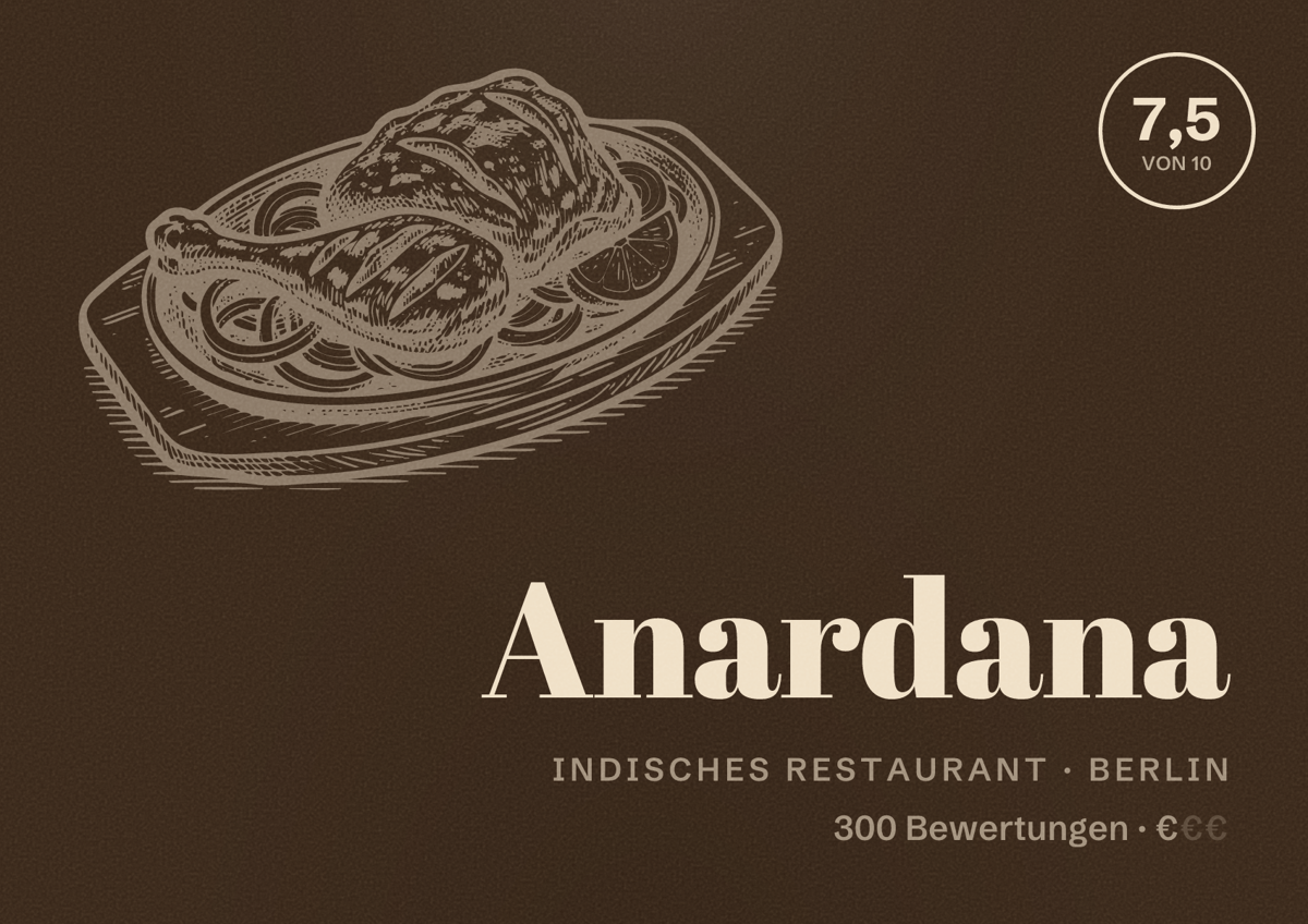 Illustriertes Poster von Anardana, Indisches Restaurant in Berlin: Bewertung 7,5 von 10 aus 300 Bewertungen, Preisniveau €