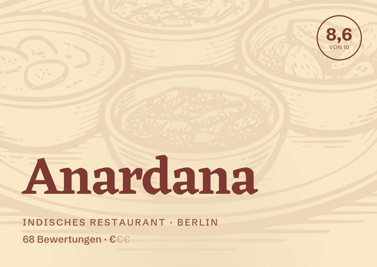 Illustriertes Poster von Anardana, Indisches Restaurant in Berlin: Bewertung 8,6 von 10 aus 68 Bewertungen, Preisniveau €