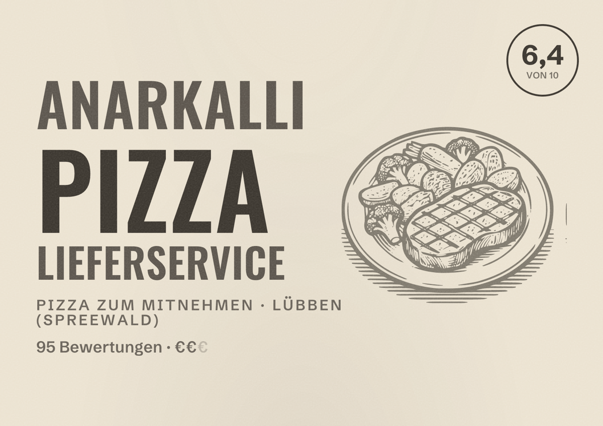 Illustriertes Poster von Anarkalli Pizza Lieferservice, Pizza zum Mitnehmen in Lübben (Spreewald): Bewertung 6,4 von 10 aus 95 Bewertungen, Preisniveau €€