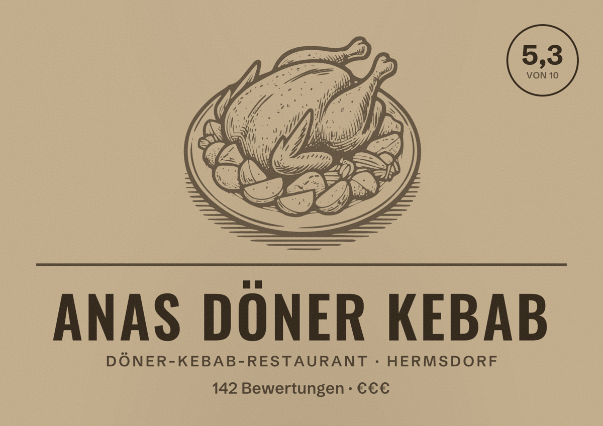 Illustriertes Poster von Anas Döner Kebab, Döner-Kebab-Restaurant in Hermsdorf: Bewertung 5,3 von 10 aus 142 Bewertungen, Preisniveau €€€