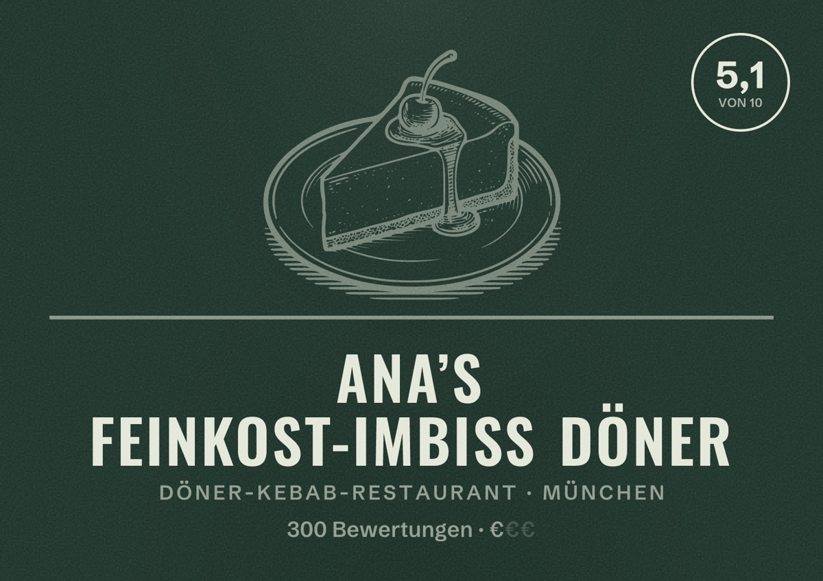 Illustriertes Poster von Ana’s Feinkost-Imbiss Döner, Döner-Kebab-Restaurant in München: Bewertung 5,1 von 10 aus 300 Bewertungen, Preisniveau €