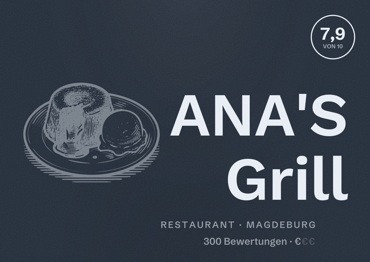 Illustriertes Poster von ANA'S Grill, Restaurant in Magdeburg: Bewertung 7,9 von 10 aus 300 Bewertungen, Preisniveau €