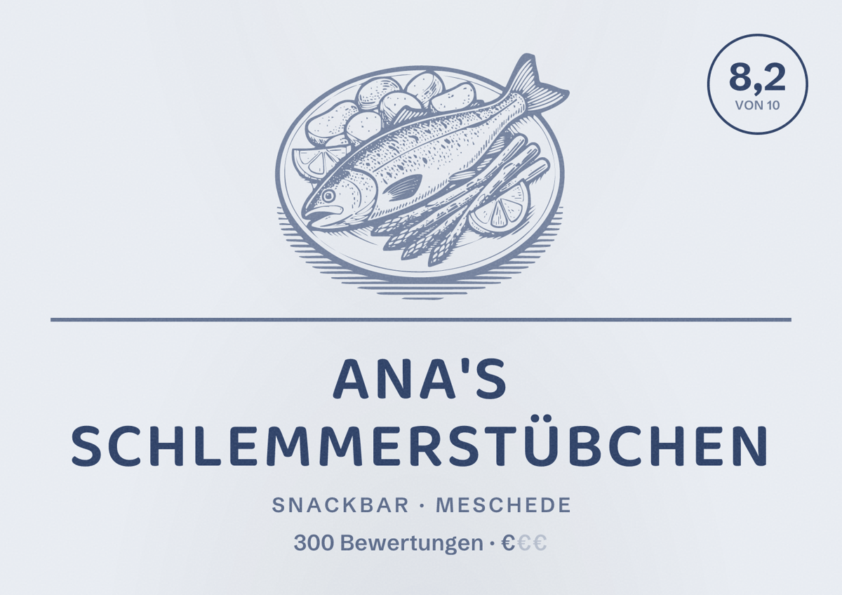Illustriertes Poster von Ana's Schlemmerstübchen, Snackbar in Meschede: Bewertung 8,2 von 10 aus 300 Bewertungen, Preisniveau €