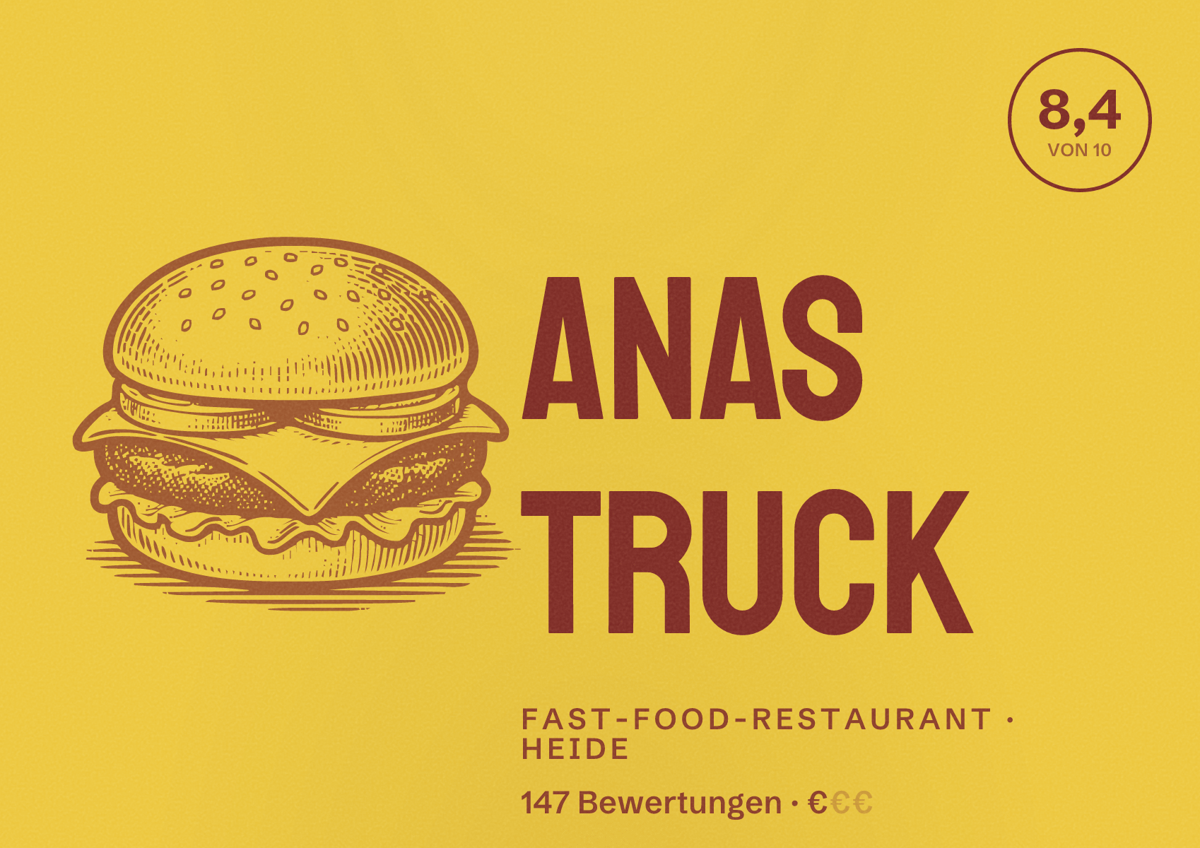 Illustriertes Poster von Anas Truck, Fast-Food-Restaurant in Heide: Bewertung 8,4 von 10 aus 147 Bewertungen, Preisniveau €