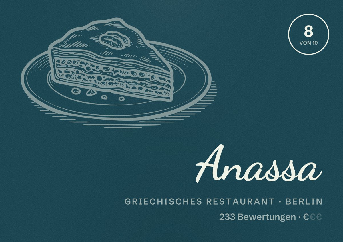 Illustriertes Poster von Anassa, Griechisches Restaurant in Berlin: Bewertung 8 von 10 aus 233 Bewertungen, Preisniveau €
