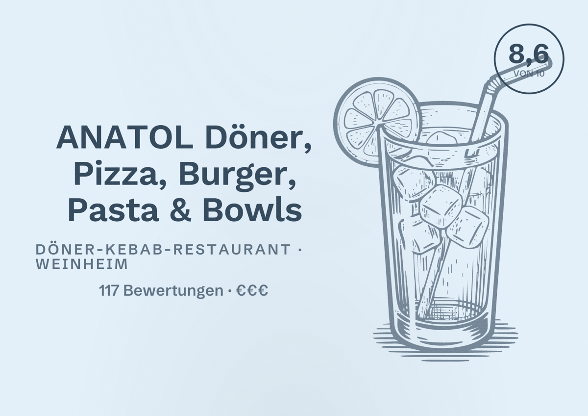 Illustriertes Poster von ANATOL Döner, Pizza, Burger, Pasta & Bowls, Döner-Kebab-Restaurant in Weinheim: Bewertung 8,6 von 10 aus 117 Bewertungen, Preisniveau €€€