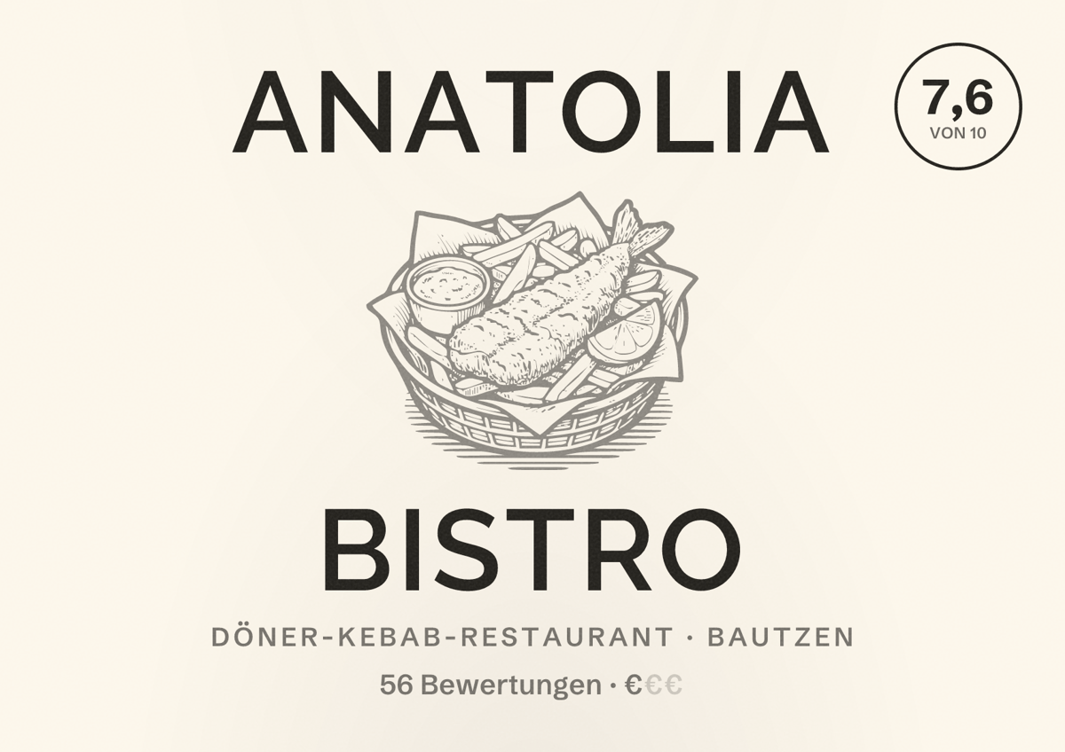 Illustriertes Poster von Anatolia Bistro, Döner-Kebab-Restaurant in Bautzen: Bewertung 7,6 von 10 aus 56 Bewertungen, Preisniveau €