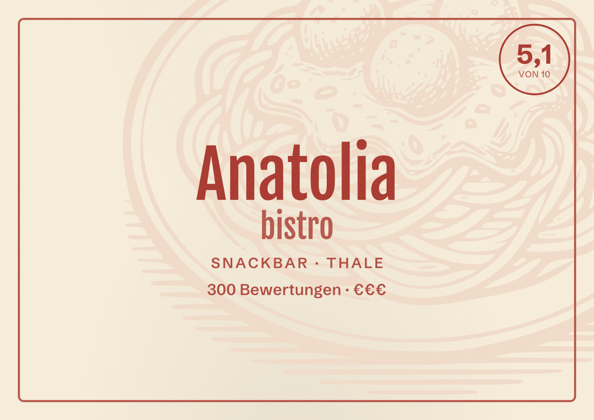 Illustriertes Poster von Anatolia bistro, Snackbar in Thale: Bewertung 5,1 von 10 aus 300 Bewertungen, Preisniveau €€€