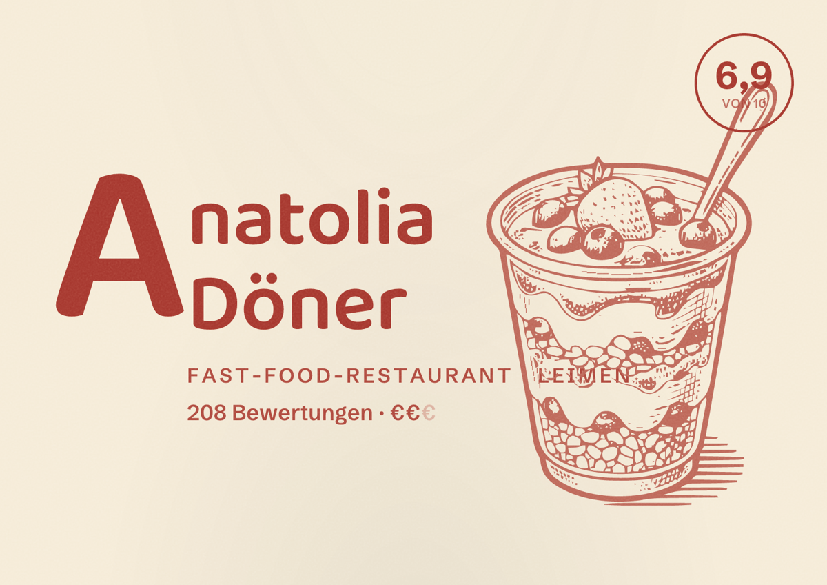 Illustriertes Poster von Anatolia Döner, Fast-Food-Restaurant in Leimen: Bewertung 6,9 von 10 aus 208 Bewertungen, Preisniveau €€