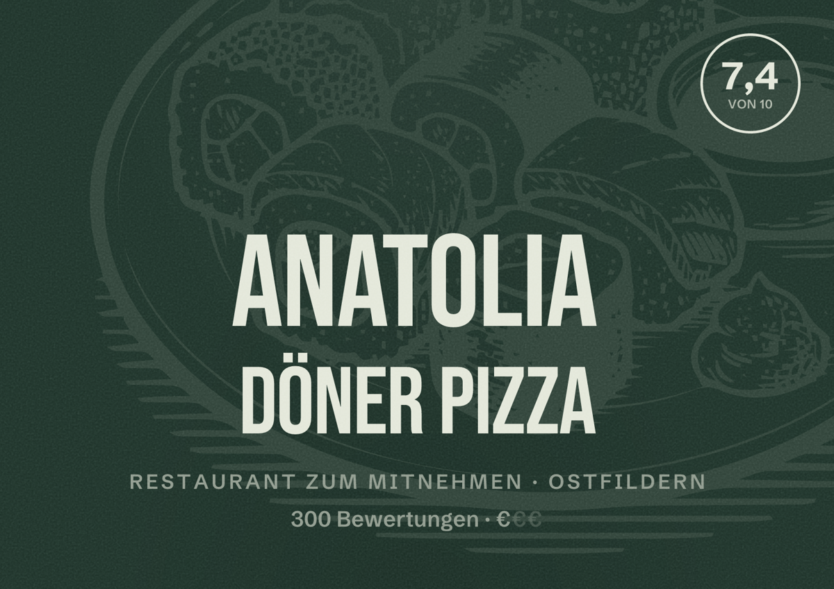 Illustriertes Poster von Anatolia Döner Pizza, Restaurant zum Mitnehmen in Ostfildern: Bewertung 7,4 von 10 aus 300 Bewertungen, Preisniveau €