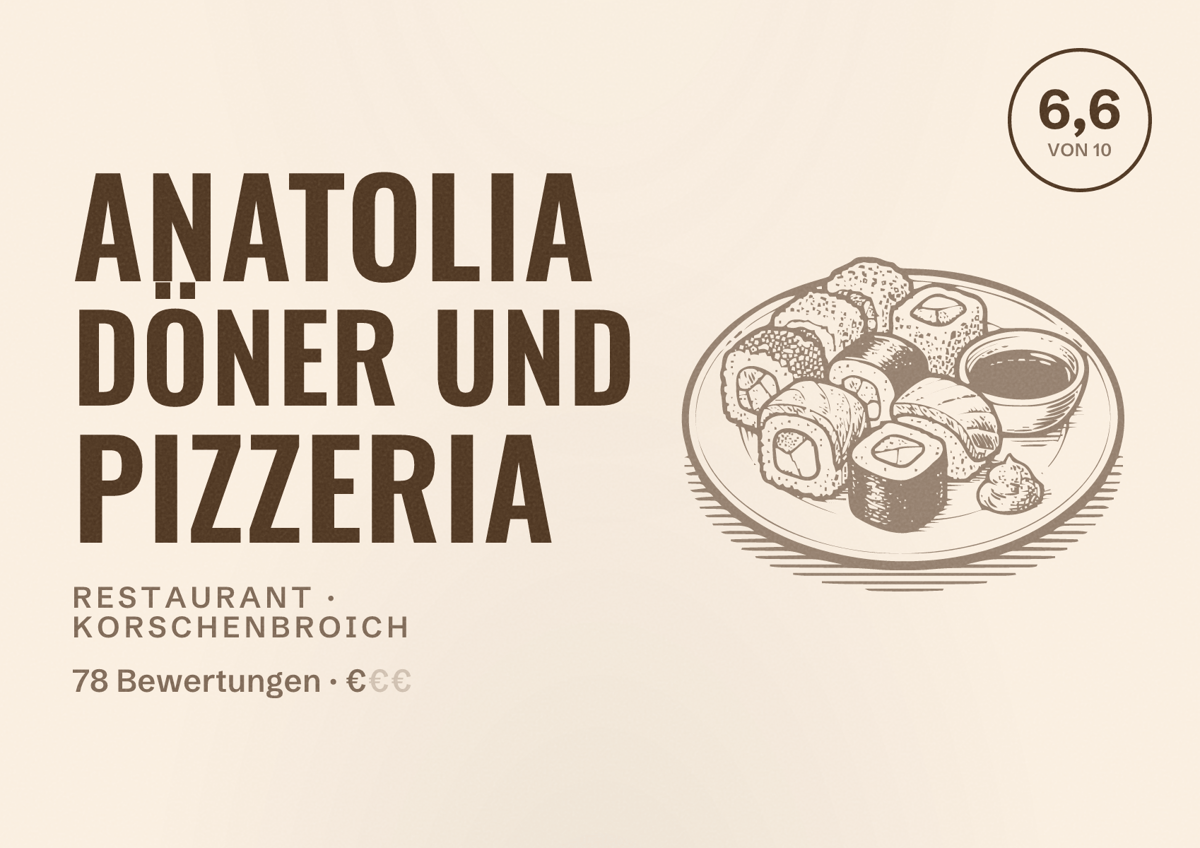 Illustriertes Poster von Anatolia Döner und Pizzeria, Restaurant in Korschenbroich: Bewertung 6,6 von 10 aus 78 Bewertungen, Preisniveau €