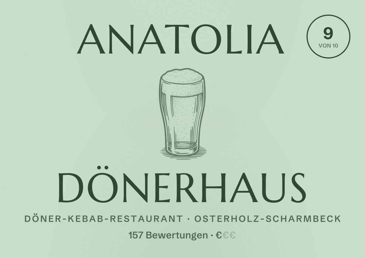 Illustriertes Poster von Anatolia Dönerhaus, Döner-Kebab-Restaurant in Osterholz-Scharmbeck: Bewertung 9 von 10 aus 157 Bewertungen, Preisniveau €