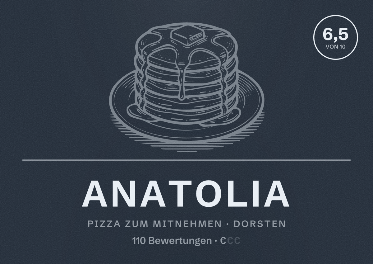 Illustriertes Poster von Anatolia, Pizza zum Mitnehmen in Dorsten: Bewertung 6,5 von 10 aus 110 Bewertungen, Preisniveau €