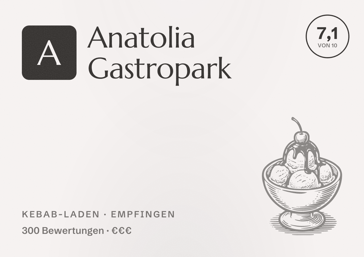 Illustriertes Poster von Anatolia Gastropark, Kebab-Laden in Empfingen: Bewertung 7,1 von 10 aus 300 Bewertungen, Preisniveau €€€