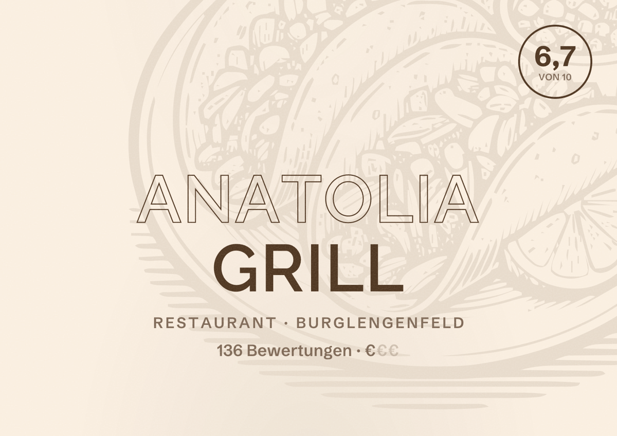 Illustriertes Poster von Anatolia Grill, Restaurant in Burglengenfeld: Bewertung 6,7 von 10 aus 136 Bewertungen, Preisniveau €