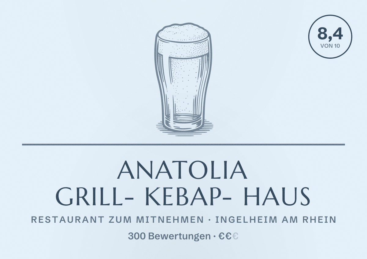 Illustriertes Poster von Anatolia Grill- Kebap- Haus, Restaurant zum Mitnehmen in Ingelheim am Rhein: Bewertung 8,4 von 10 aus 300 Bewertungen, Preisniveau €€