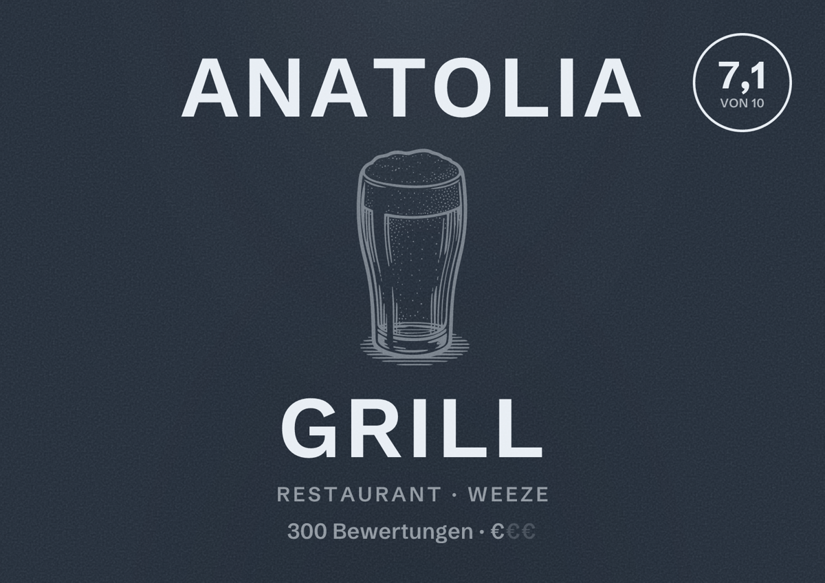 Illustriertes Poster von Anatolia Grill, Restaurant in Weeze: Bewertung 7,1 von 10 aus 300 Bewertungen, Preisniveau €