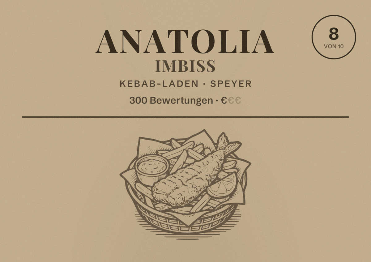 Illustriertes Poster von Anatolia Imbiss, Kebab-Laden in Speyer: Bewertung 8 von 10 aus 300 Bewertungen, Preisniveau €