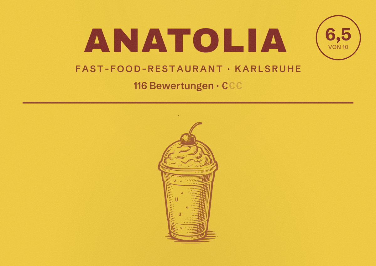 Illustriertes Poster von anatolia, Fast-Food-Restaurant in Karlsruhe: Bewertung 6,5 von 10 aus 116 Bewertungen, Preisniveau €