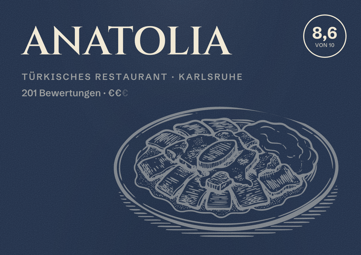 Illustriertes Poster von ANATOLIA, Türkisches Restaurant in Karlsruhe: Bewertung 8,6 von 10 aus 201 Bewertungen, Preisniveau €€