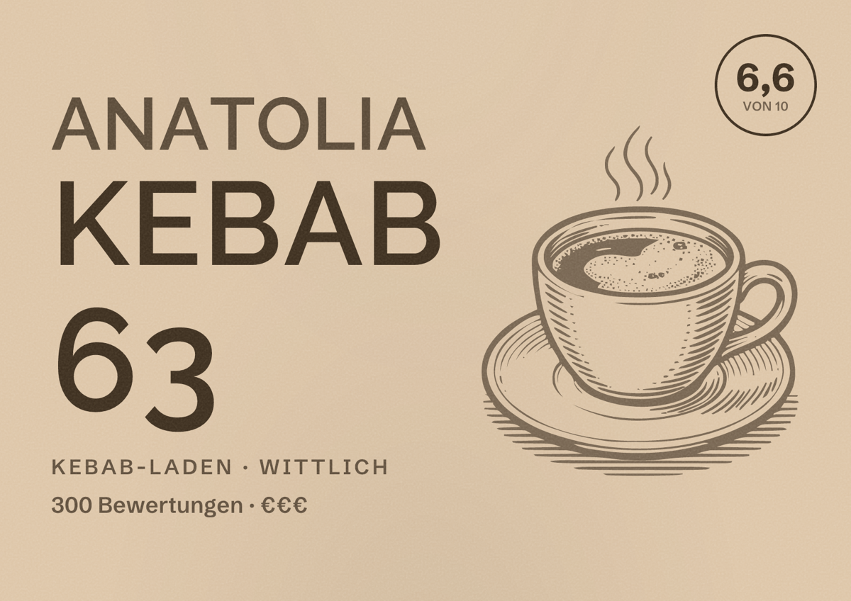 Illustriertes Poster von Anatolia Kebab 63, Kebab-Laden in Wittlich: Bewertung 6,6 von 10 aus 300 Bewertungen, Preisniveau €€€