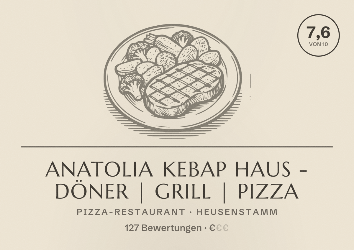 Illustriertes Poster von Anatolia Kebap Haus - Döner | Grill | Pizza, Pizza-Restaurant in Heusenstamm: Bewertung 7,6 von 10 aus 127 Bewertungen, Preisniveau €
