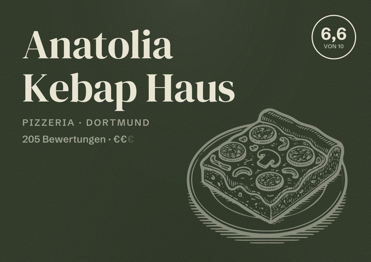 Illustriertes Poster von Anatolia Kebap Haus, Pizzeria in Dortmund: Bewertung 6,6 von 10 aus 205 Bewertungen, Preisniveau €€