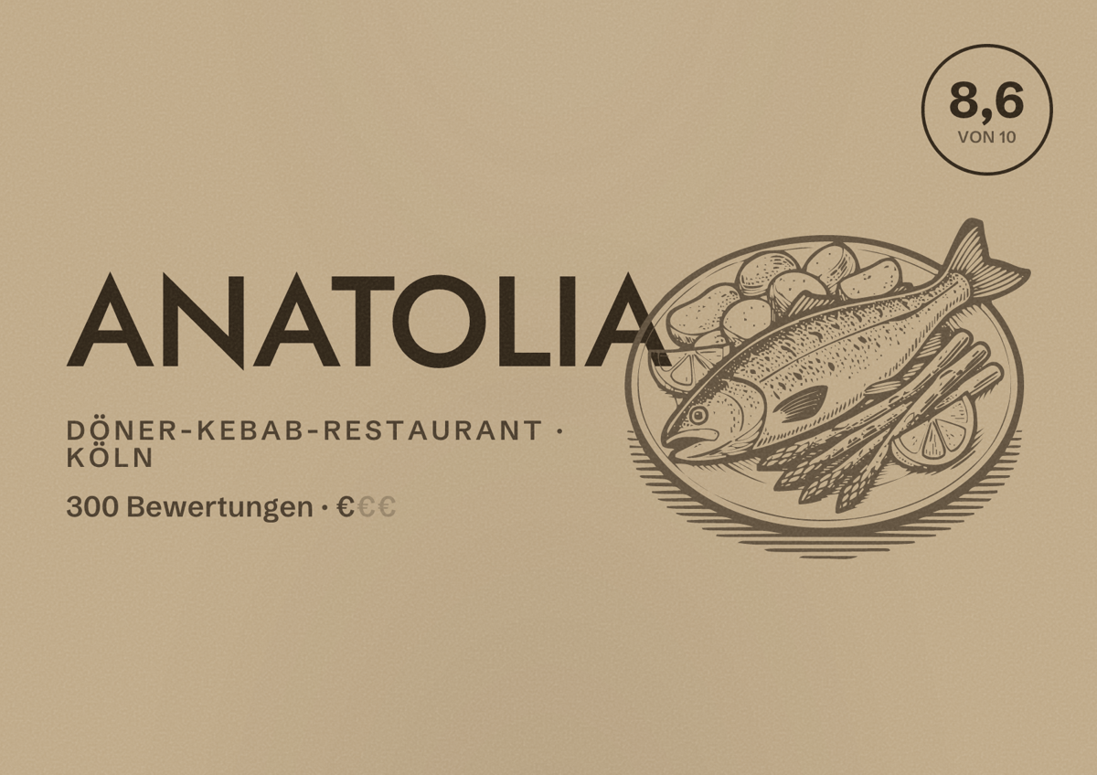 Illustriertes Poster von ANATOLIA, Döner-Kebab-Restaurant in Köln: Bewertung 8,6 von 10 aus 300 Bewertungen, Preisniveau €