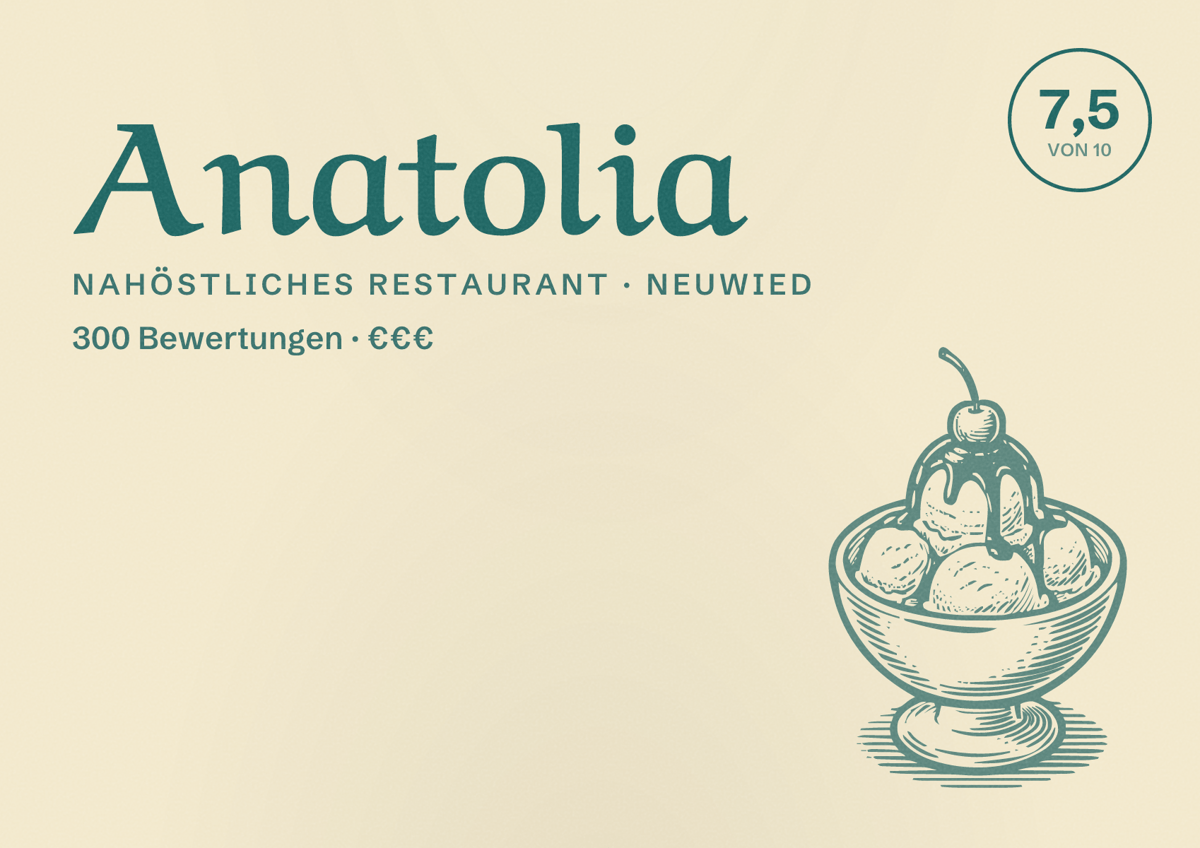 Illustriertes Poster von Anatolia, Nahöstliches Restaurant in Neuwied: Bewertung 7,5 von 10 aus 300 Bewertungen, Preisniveau €€€