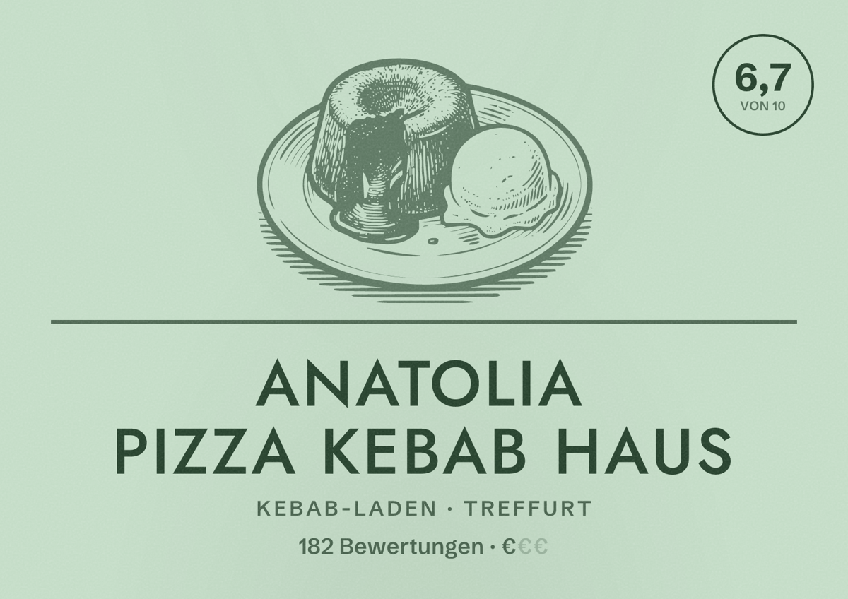 Illustriertes Poster von Anatolia Pizza Kebab Haus, Kebab-Laden in Treffurt: Bewertung 6,7 von 10 aus 182 Bewertungen, Preisniveau €
