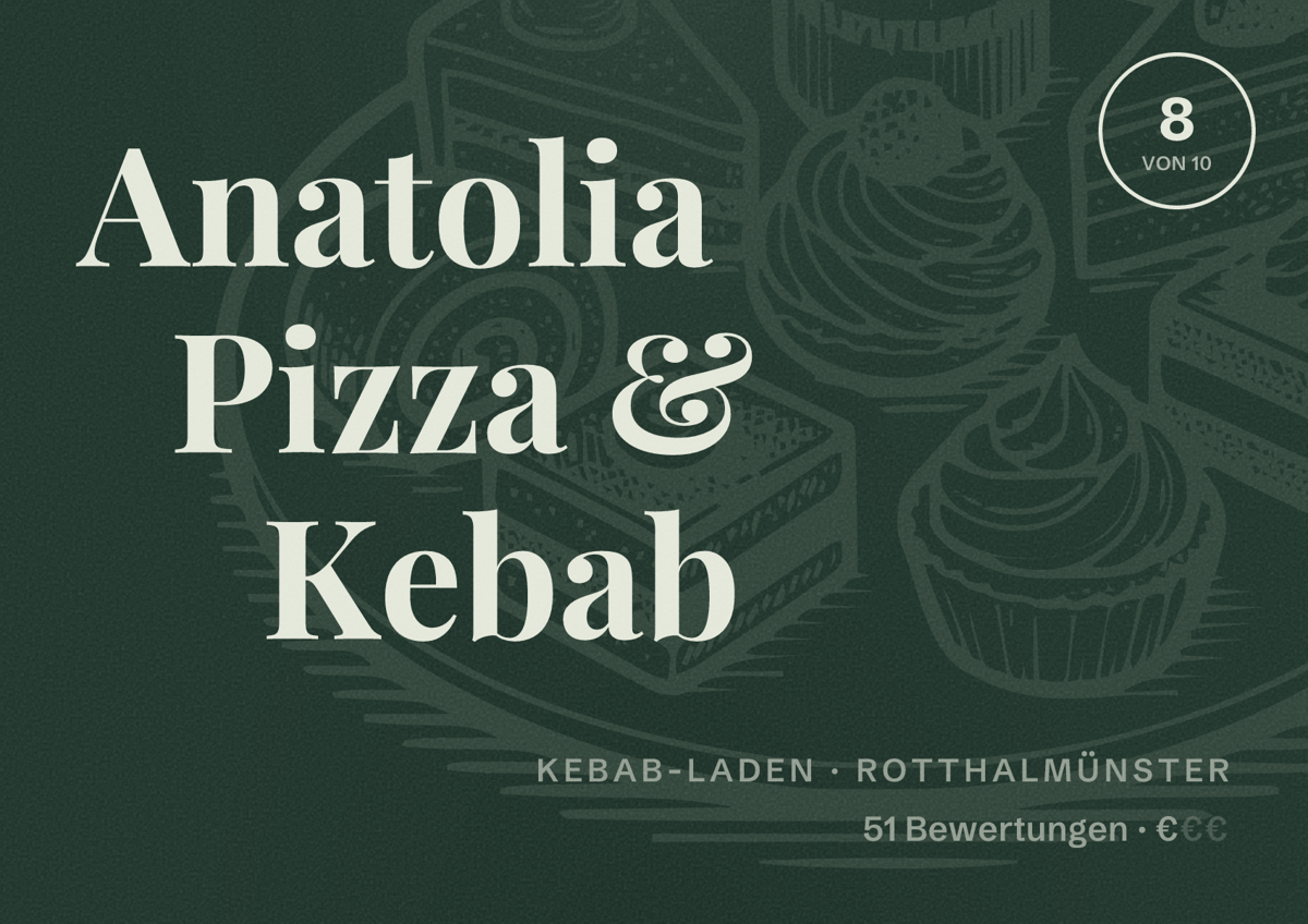 Illustriertes Poster von Anatolia Pizza & Kebab, Kebab-Laden in Rotthalmünster: Bewertung 8 von 10 aus 51 Bewertungen, Preisniveau €