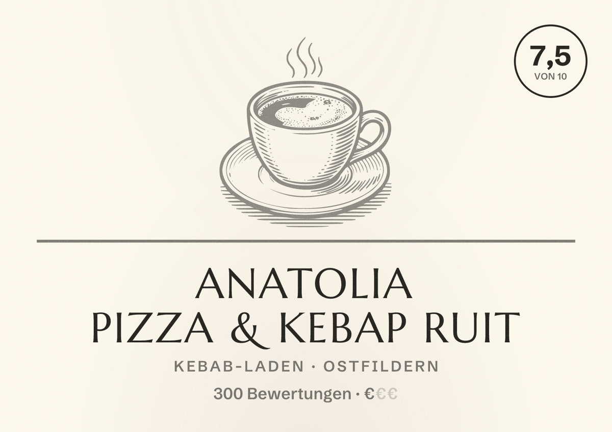Illustriertes Poster von Anatolia Pizza & Kebap Ruit, Kebab-Laden in Ostfildern: Bewertung 7,5 von 10 aus 300 Bewertungen, Preisniveau €