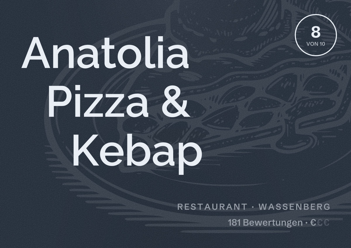 Illustriertes Poster von Anatolia Pizza & Kebap, Restaurant in Wassenberg: Bewertung 8 von 10 aus 181 Bewertungen, Preisniveau €