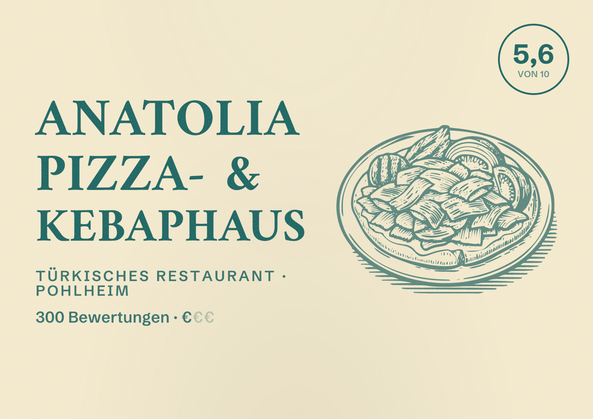 Illustriertes Poster von Anatolia Pizza- & Kebaphaus, Türkisches Restaurant in Pohlheim: Bewertung 5,6 von 10 aus 300 Bewertungen, Preisniveau €