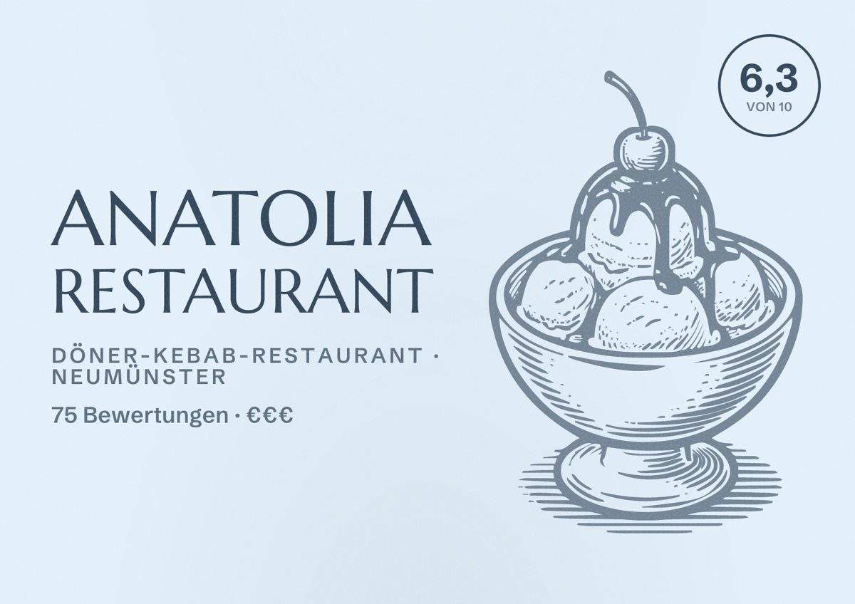 Illustriertes Poster von Anatolia Restaurant, Döner-Kebab-Restaurant in Neumünster: Bewertung 6,3 von 10 aus 75 Bewertungen, Preisniveau €€€