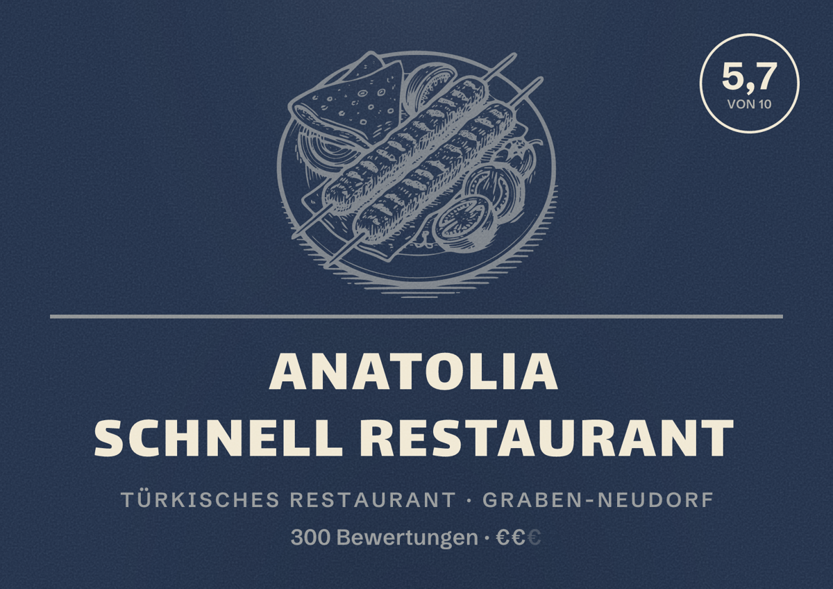 Illustriertes Poster von Anatolia Schnell Restaurant, Türkisches Restaurant in Graben-Neudorf: Bewertung 5,7 von 10 aus 300 Bewertungen, Preisniveau €€