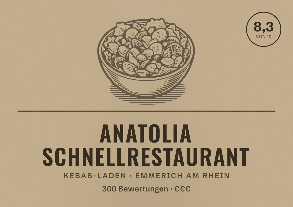 Illustriertes Poster von Anatolia Schnellrestaurant, Kebab-Laden in Emmerich am Rhein: Bewertung 8,3 von 10 aus 300 Bewertungen, Preisniveau €€€