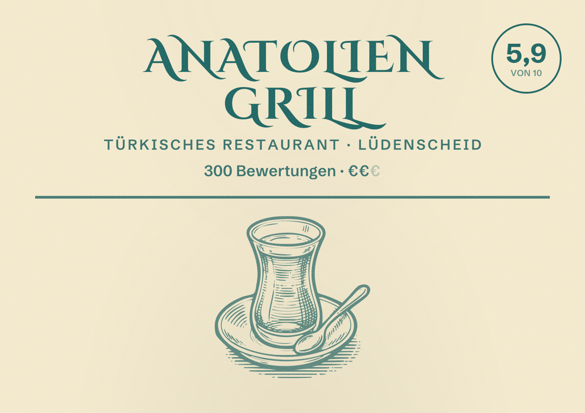 Illustriertes Poster von Anatolien Grill, Türkisches Restaurant in Lüdenscheid: Bewertung 5,9 von 10 aus 300 Bewertungen, Preisniveau €€