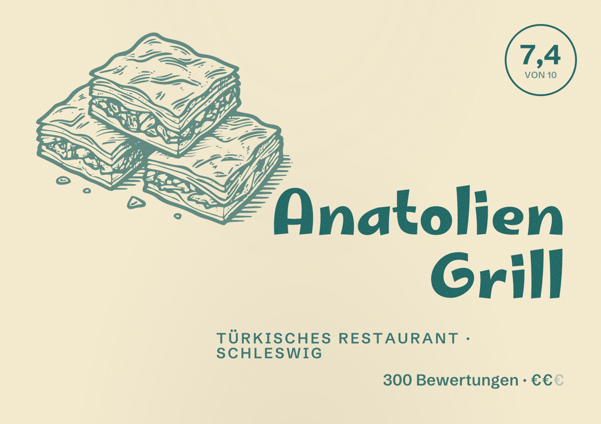 Illustriertes Poster von Anatolien Grill, Türkisches Restaurant in Schleswig: Bewertung 7,4 von 10 aus 300 Bewertungen, Preisniveau €€