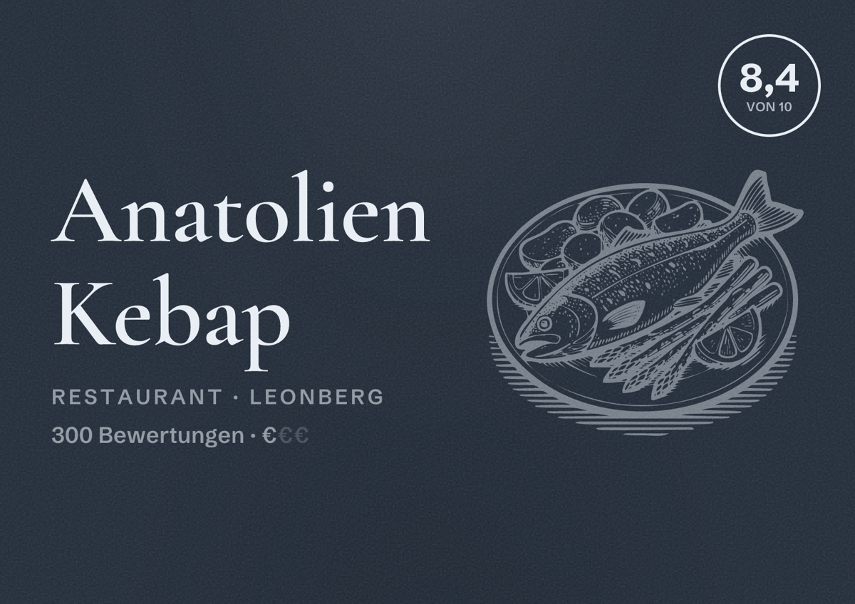 Illustriertes Poster von Anatolien Kebap, Restaurant in Leonberg: Bewertung 8,4 von 10 aus 300 Bewertungen, Preisniveau €