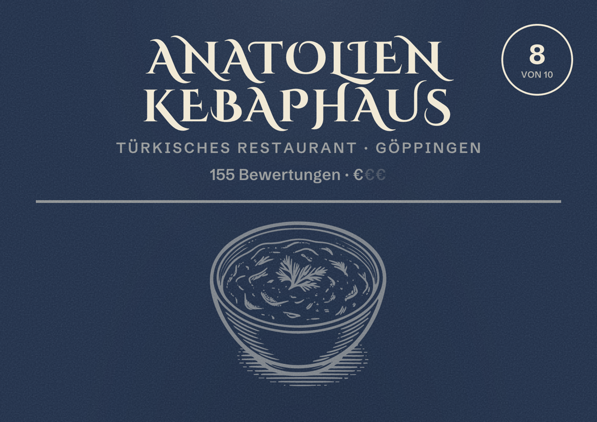 Illustriertes Poster von Anatolien Kebaphaus, Türkisches Restaurant in Göppingen: Bewertung 8 von 10 aus 155 Bewertungen, Preisniveau €