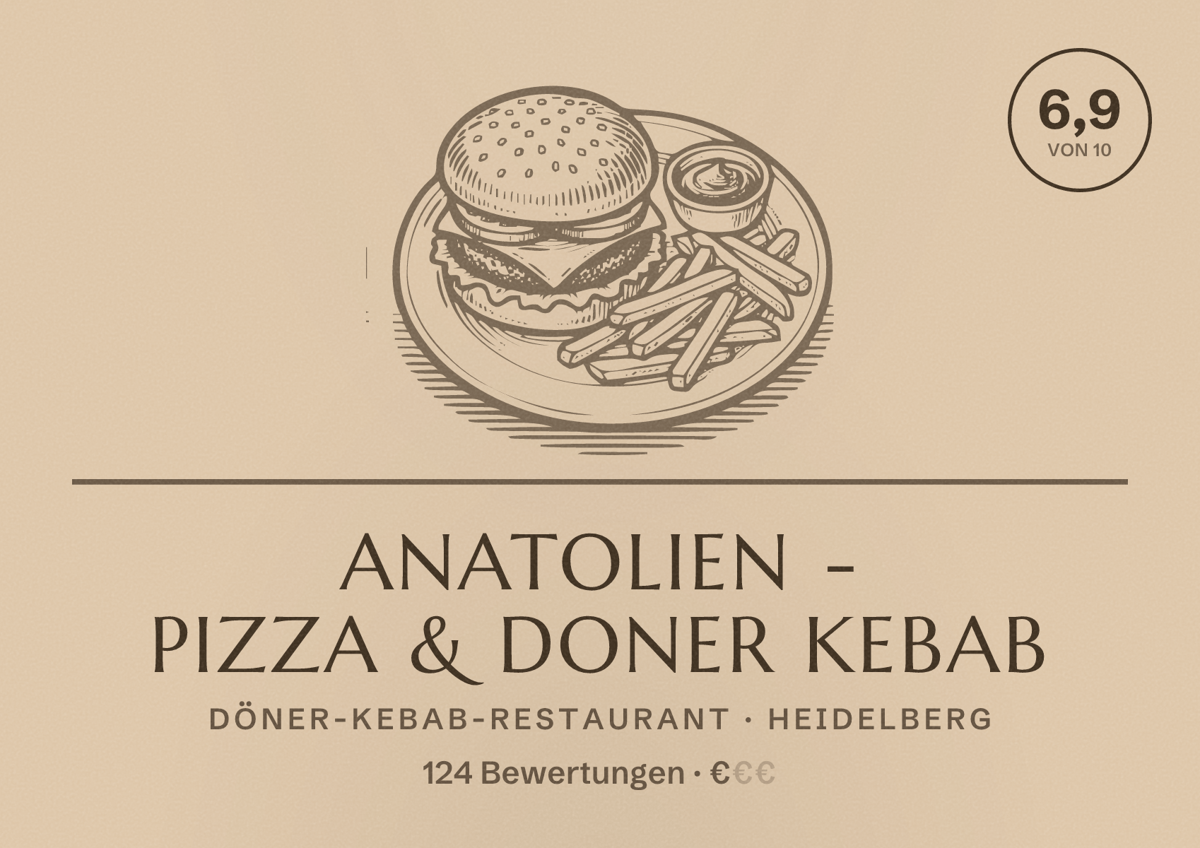 Illustriertes Poster von anatolien - Pizza & Doner Kebab, Döner-Kebab-Restaurant in Heidelberg: Bewertung 6,9 von 10 aus 124 Bewertungen, Preisniveau €