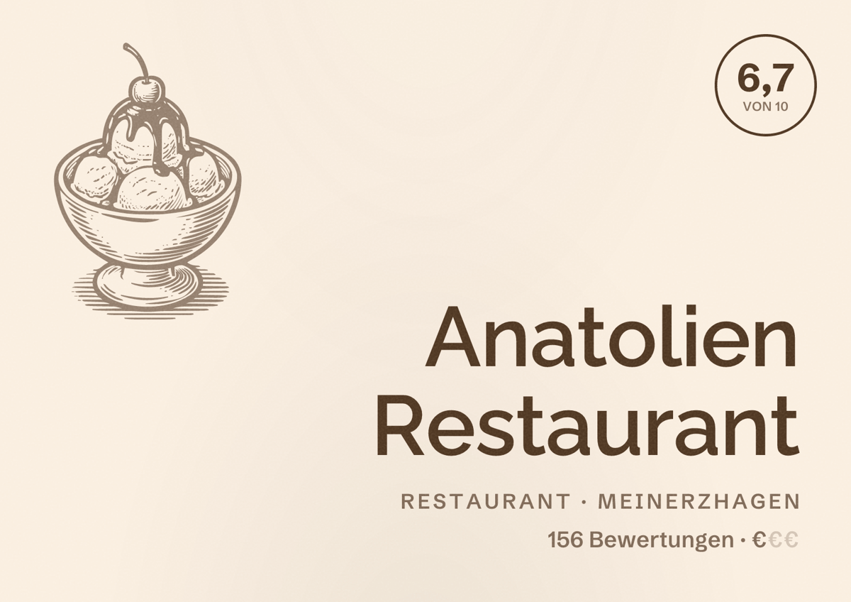 Illustriertes Poster von Anatolien Restaurant, Restaurant in Meinerzhagen: Bewertung 6,7 von 10 aus 156 Bewertungen, Preisniveau €