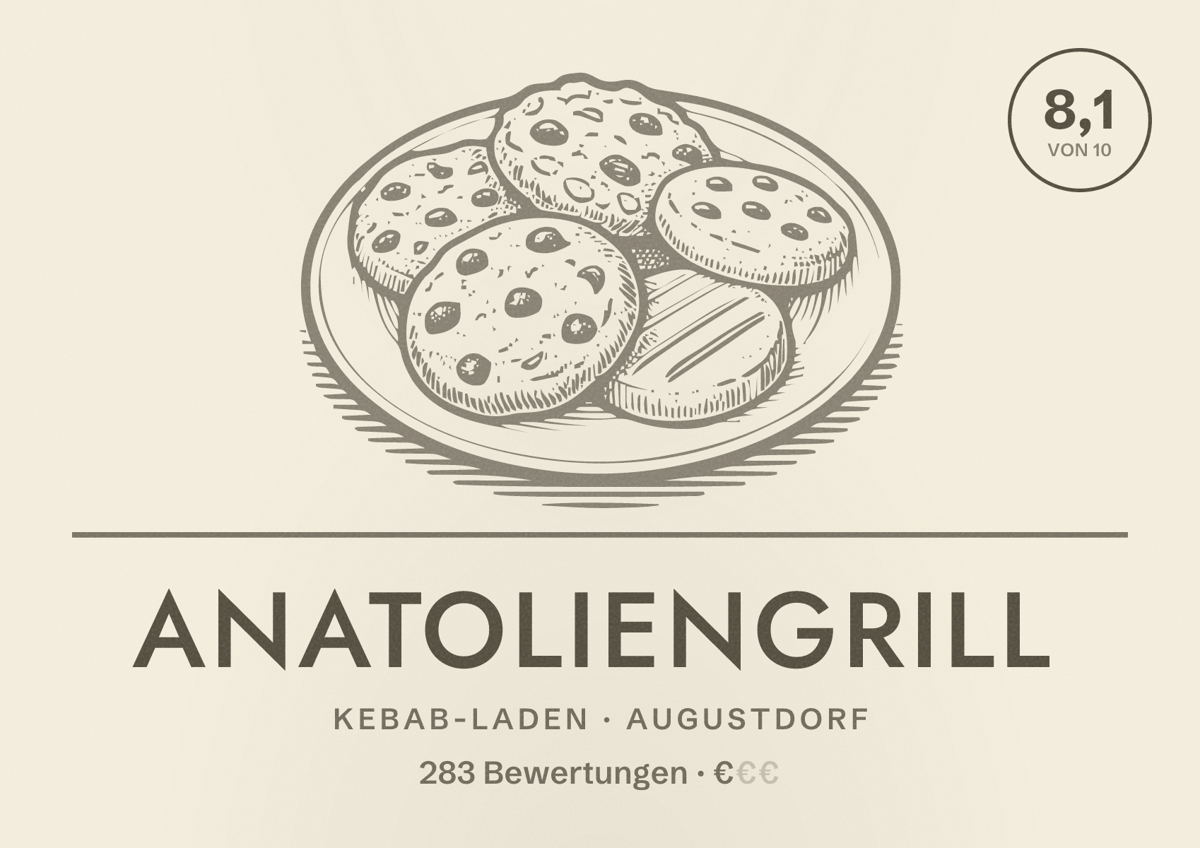 Illustriertes Poster von Anatoliengrill, Kebab-Laden in Augustdorf: Bewertung 8,1 von 10 aus 283 Bewertungen, Preisniveau €