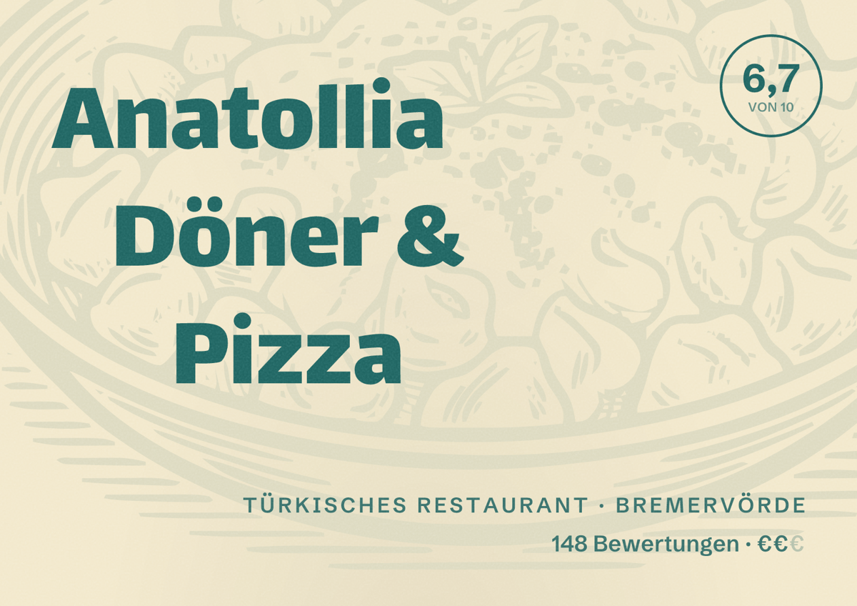 Illustriertes Poster von Anatollia Döner & Pizza, Türkisches Restaurant in Bremervörde: Bewertung 6,7 von 10 aus 148 Bewertungen, Preisniveau €€