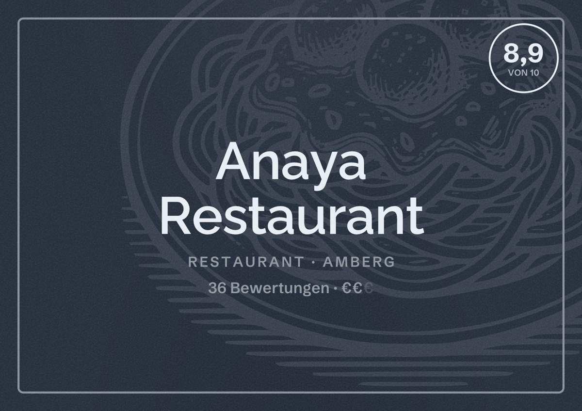 Illustriertes Poster von Anaya Restaurant, Restaurant in Amberg: Bewertung 8,9 von 10 aus 36 Bewertungen, Preisniveau €€