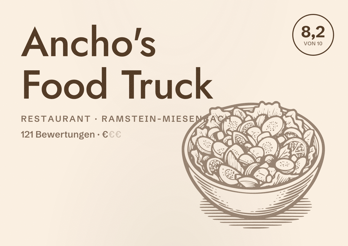 Illustriertes Poster von Ancho's Food Truck, Restaurant in Ramstein-Miesenbach: Bewertung 8,2 von 10 aus 121 Bewertungen, Preisniveau €
