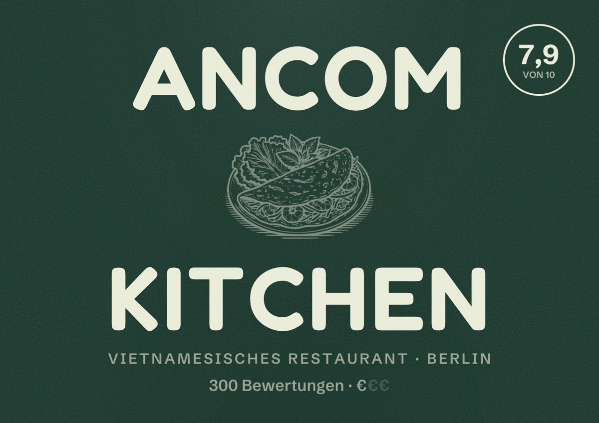Illustriertes Poster von AnCom Kitchen, Vietnamesisches Restaurant in Berlin: Bewertung 7,9 von 10 aus 300 Bewertungen, Preisniveau €