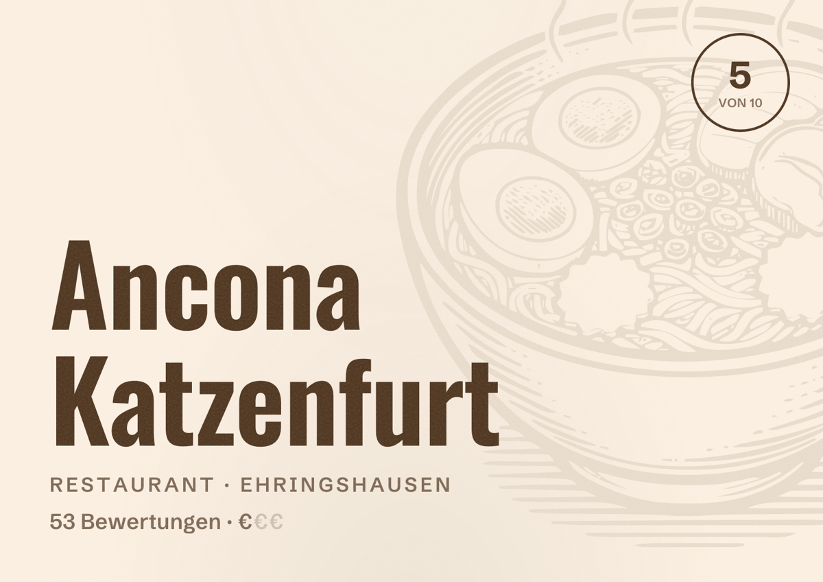 Illustriertes Poster von Ancona Katzenfurt, Restaurant in Ehringshausen: Bewertung 5 von 10 aus 53 Bewertungen, Preisniveau €