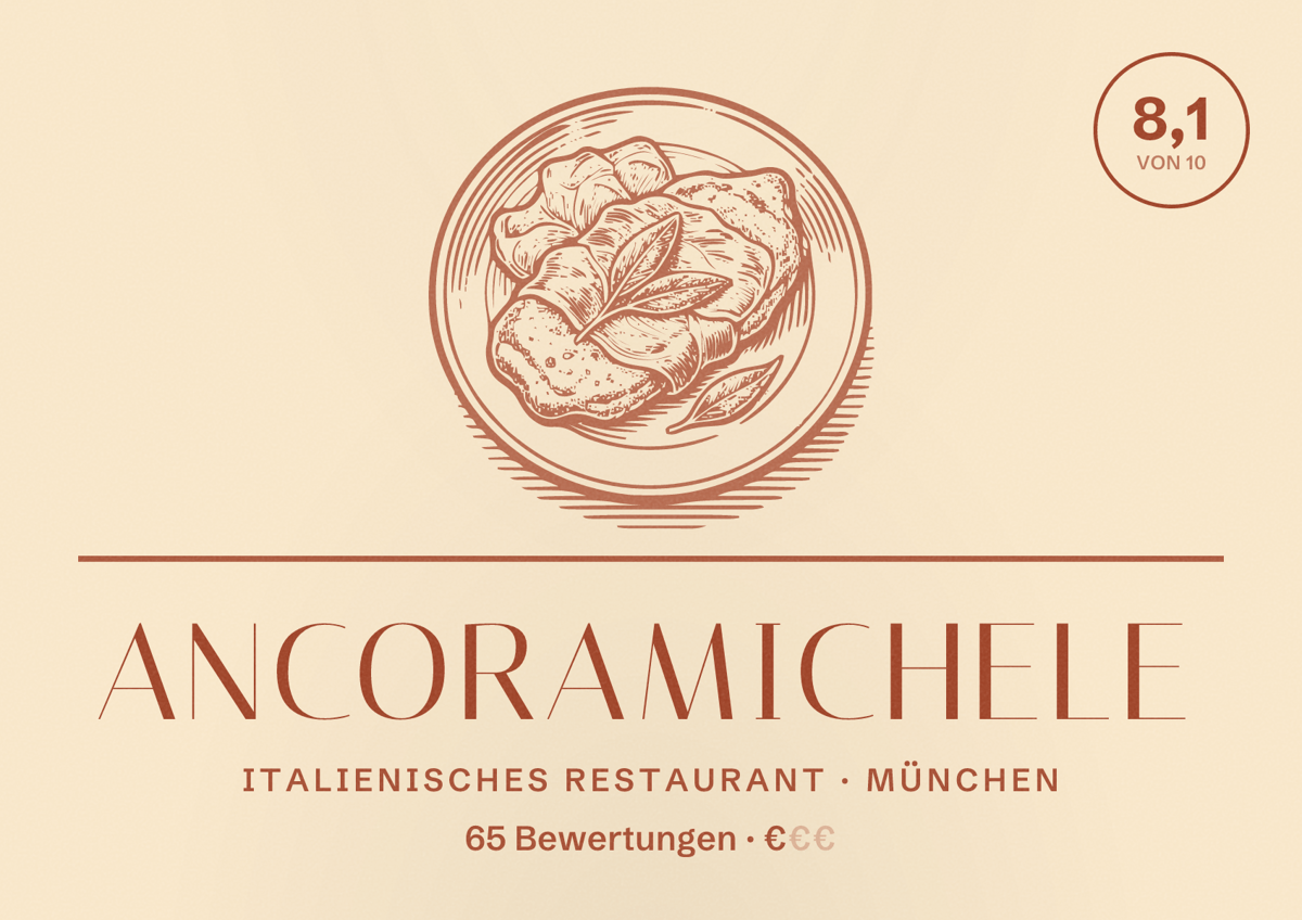 Illustriertes Poster von ancoramichele, Italienisches Restaurant in München: Bewertung 8,1 von 10 aus 65 Bewertungen, Preisniveau €